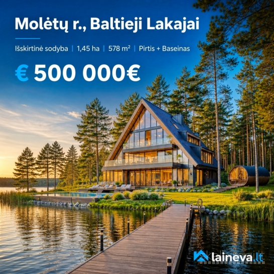 Prie ,,Baltųjų Lakajų" ežero su pakrante, pušyne, poilsio namai