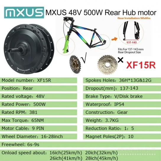 Naujas Galinis El. Dviračio Variklis Mxus XF15R 500W 48V