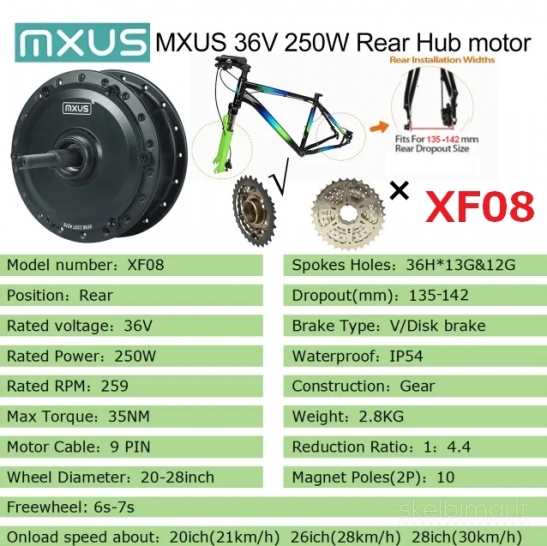 Naujas Galinis El. Dviračio Variklis MXUS XF08 250W 36V
