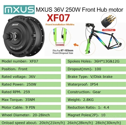 Naujas Priekinis El. Dviračio Variklis MXUS XF07 250W 36V