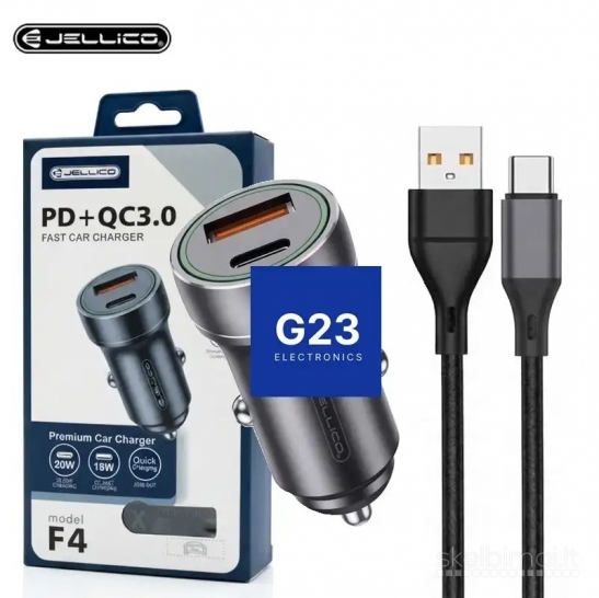 1892 Auto kroviklis Type-C 20W ir USB 18W su Type-C laidu Jellico WWW.G23.LT