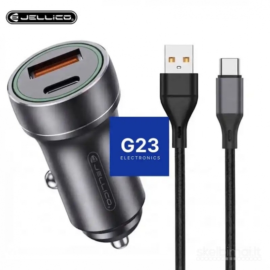 1892 Auto kroviklis Type-C 20W ir USB 18W su Type-C laidu Jellico WWW.G23.LT