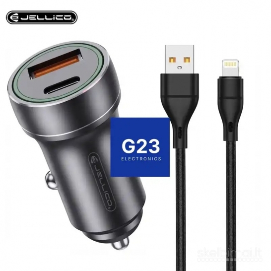 1893 Auto kroviklis Type-C 20W ir USB 18W su Lightning laidu Jellico WWW.G23.LT