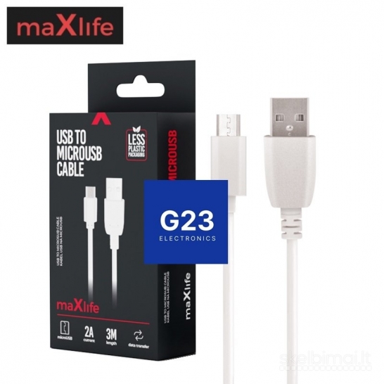 1911 Micro USB laidas 3 metrai 2A maXlife baltos spalvos WWW.G23.LT