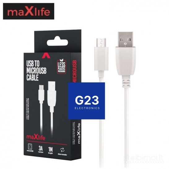 1912 Micro USB laidas 1 metras 3A maXlife baltos spalvos WWW.G23.LT