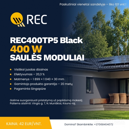 Nauji REC 400 W Full Black saulės moduliai.