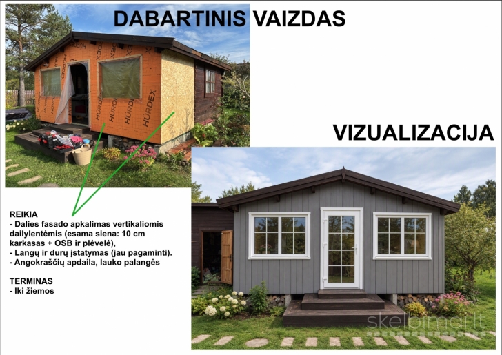 Ieškom meistro dailylentėmis apkalti dalį namelio fasado