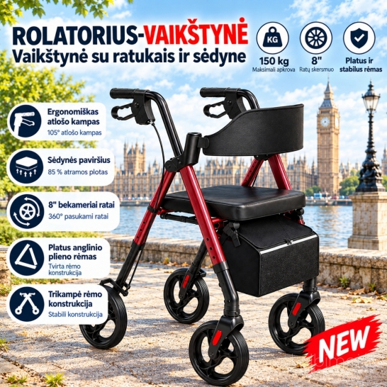 Naujas Rolatorius-vaikštynė su sėdyne senjorams, sulankstomas (iki 150 kg)