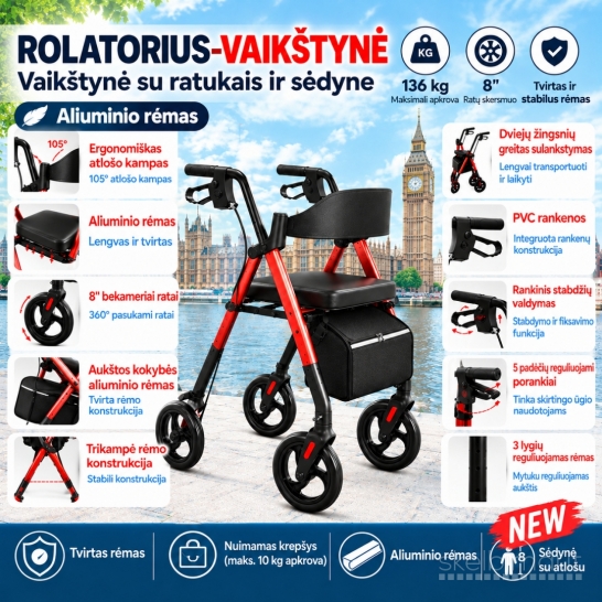 Naujas Rolatorius-vaikštynė su sėdyne ir krepšiu, senjorams, sulankstomas..