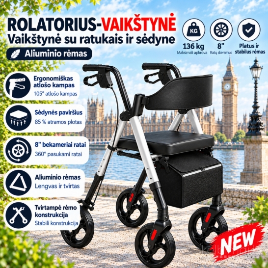Naujas Rolatorius-vaikštynė su sėdyne ir krepšiu, senjorams, sulankstomas..