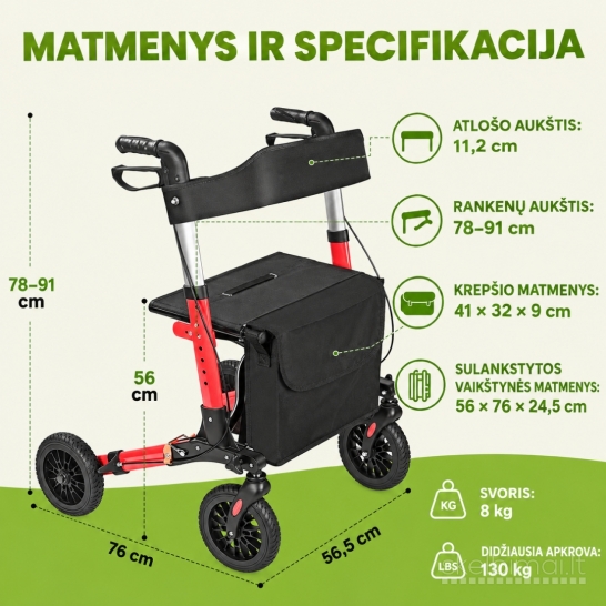 Naujas Rolatorius-vaikštynė su sėdyne ir krepšiu, sulankstomas, senjorams