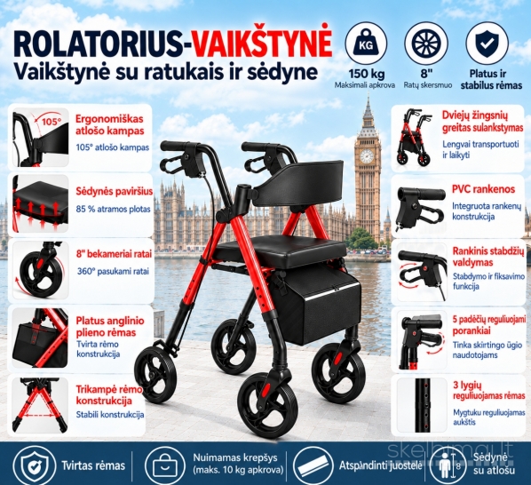 Naujas Rolatorius-vaikštynė su sėdyne senjorams, sulankstomas (iki 150 kg)