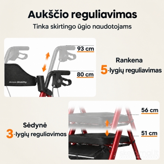 Naujas Rolatorius-vaikštynė su sėdyne senjorams, sulankstomas (iki 150 kg)
