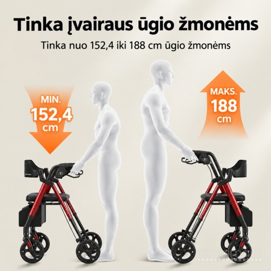 Naujas Rolatorius-vaikštynė su sėdyne senjorams, sulankstomas (iki 150 kg)