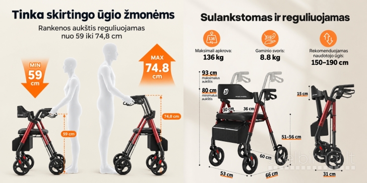 Naujas Rolatorius-vaikštynė su sėdyne senjorams, sulankstomas (iki 136 kg)
