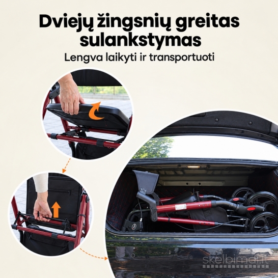 Naujas Rolatorius-vaikštynė su sėdyne senjorams, sulankstomas (iki 136 kg)
