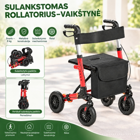 Naujas Rolatorius-vaikštynė su sėdyne ir krepšiu, sulankstomas, senjorams