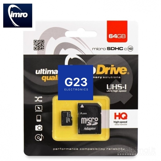 1321 Atminties kortelė Micro SD 64GB 10 klasės su SD adapteriu IMRO WWW.G23.LT
