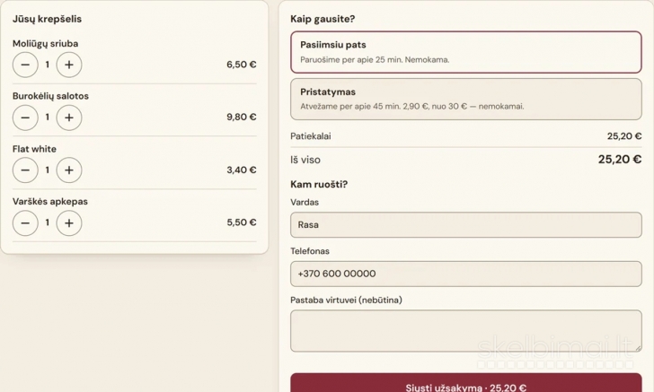 Sukursiu svetainę kavinei ar restoranui su meniu, užsakymais ir rezervacijomis