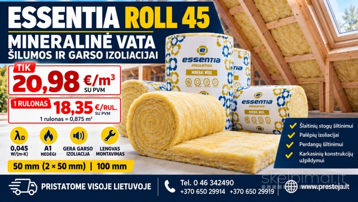 Mineralinė vata essentia roll - tik 20.98Eur/m3.